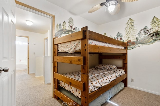 bedroom with ceiling fan and light carpet