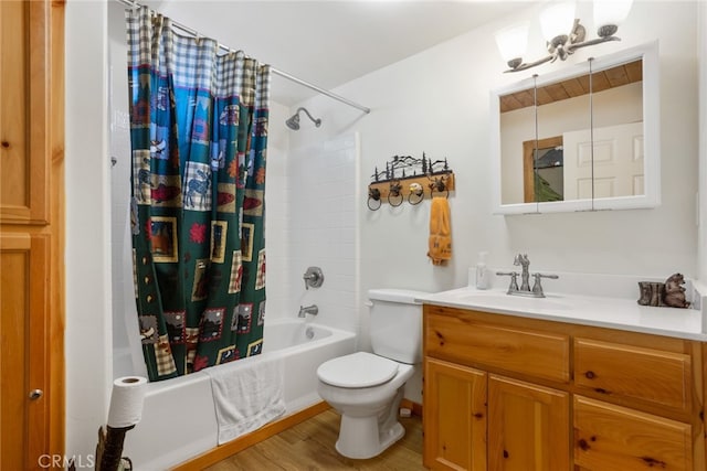 full bathroom with hardwood / wood-style flooring, vanity, shower / bathtub combination with curtain, and toilet