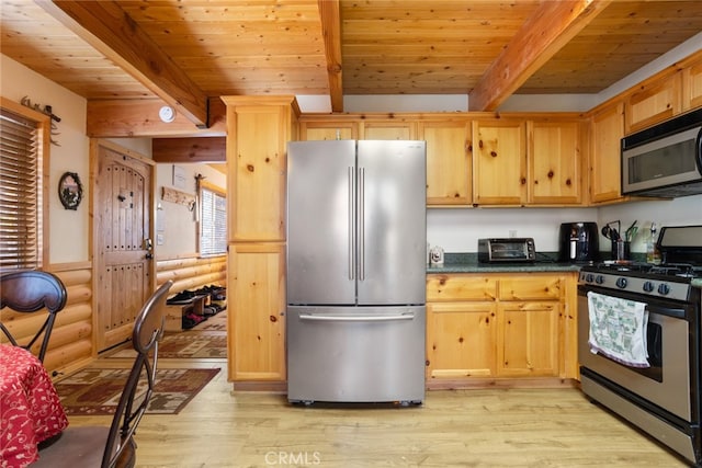 kitchen featuring rustic walls, wooden ceiling, light hardwood / wood-style floors, beamed ceiling, and stainless steel appliances