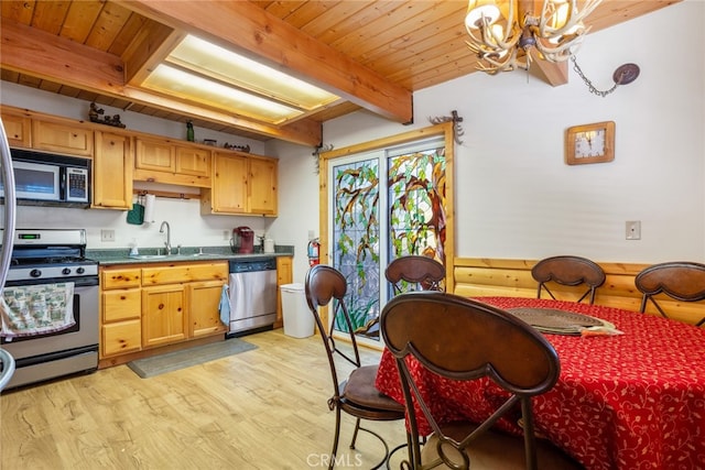 kitchen featuring sink, stainless steel appliances, beamed ceiling, and light wood-type flooring