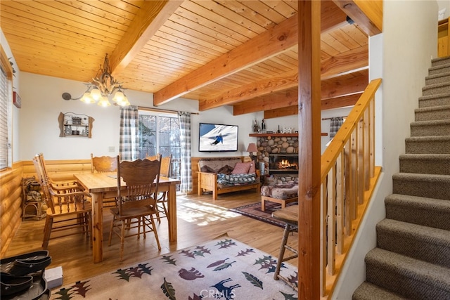 dining area featuring light wood-type flooring, a chandelier, wood ceiling, beam ceiling, and a fireplace