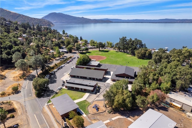 bird's eye view featuring a water and mountain view