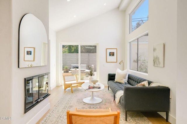 living room with high vaulted ceiling and light hardwood / wood-style flooring