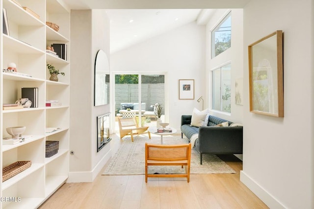 living area with light hardwood / wood-style floors and high vaulted ceiling