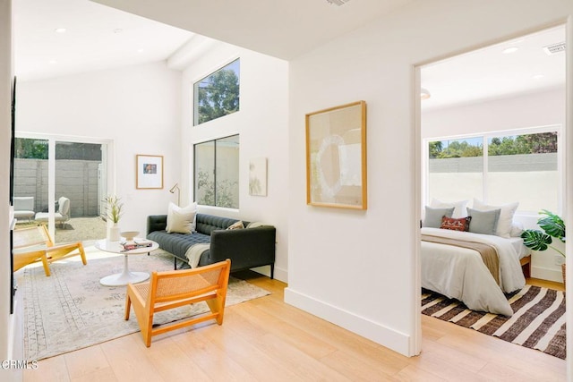 living room with high vaulted ceiling and light hardwood / wood-style floors