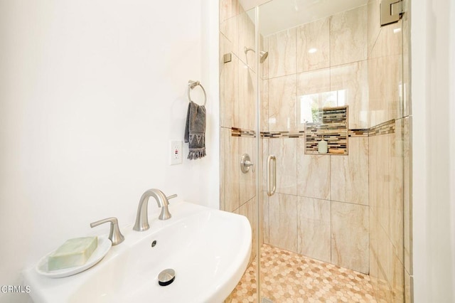 bathroom featuring sink and a shower with door