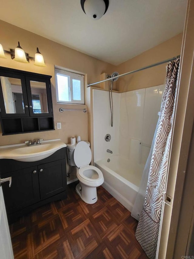 full bathroom with vanity, toilet, parquet flooring, and shower / bath combination with curtain