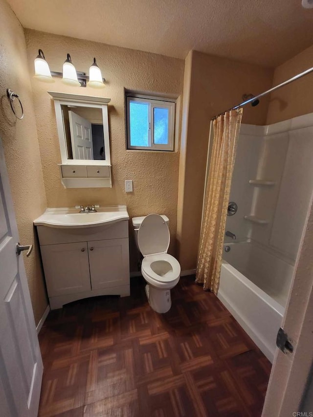 full bathroom featuring a textured ceiling, parquet floors, shower / bathtub combination with curtain, vanity, and toilet