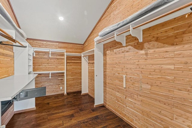 spacious closet with lofted ceiling and dark hardwood / wood-style floors