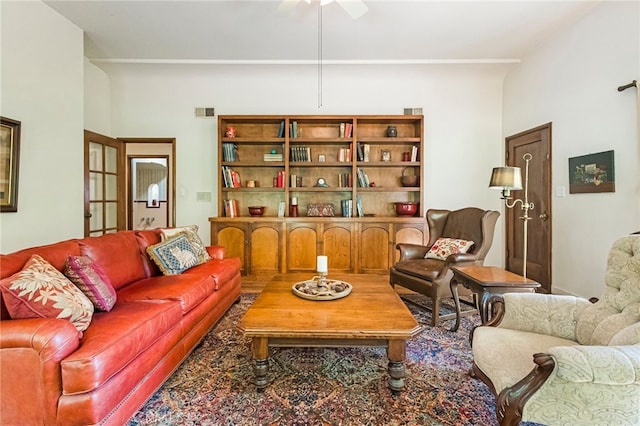 living room featuring ceiling fan