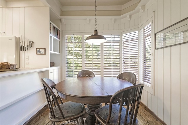 dining room with dark wood-type flooring and a healthy amount of sunlight