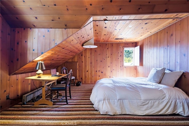 carpeted bedroom featuring lofted ceiling and wood ceiling