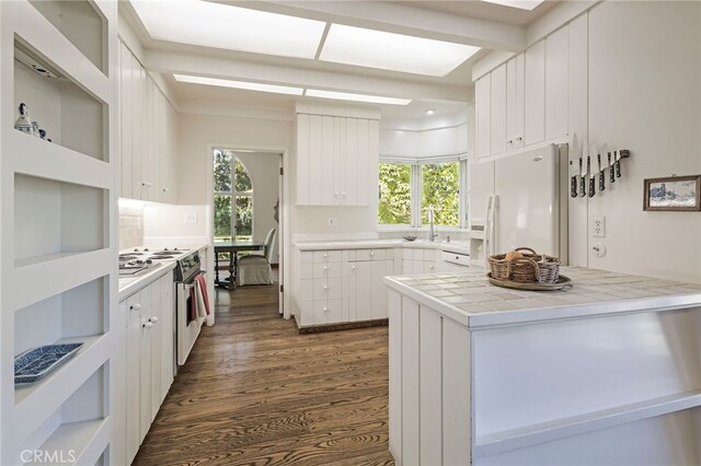 kitchen featuring dark hardwood / wood-style flooring, white fridge with ice dispenser, stainless steel electric range, white cabinets, and sink