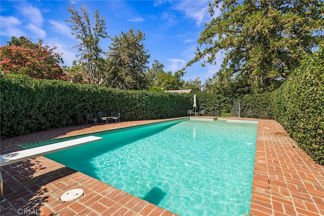 view of swimming pool featuring a diving board