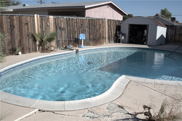 view of swimming pool with a storage shed