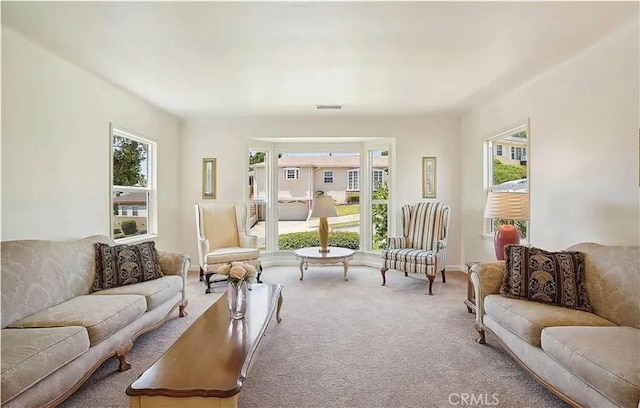 living room featuring a wealth of natural light and carpet flooring