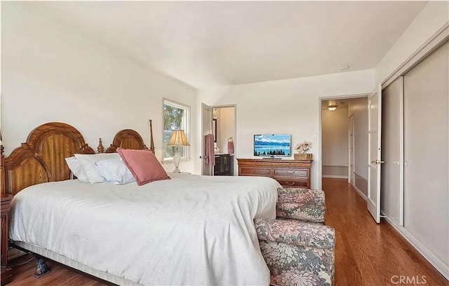 bedroom featuring dark wood-type flooring and a closet