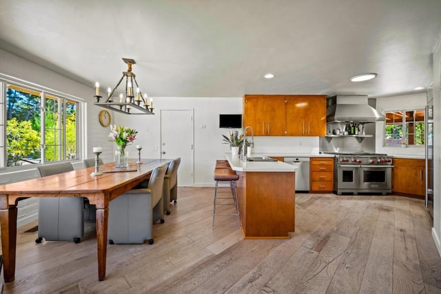 kitchen featuring light wood-type flooring, sink, appliances with stainless steel finishes, and wall chimney range hood