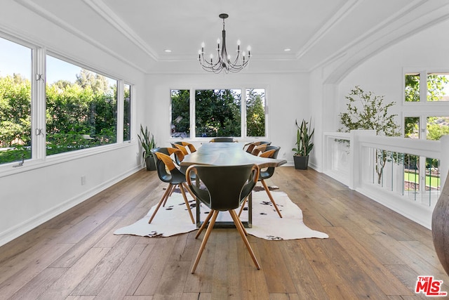 dining area featuring hardwood / wood-style floors, a tray ceiling, crown molding, and a notable chandelier