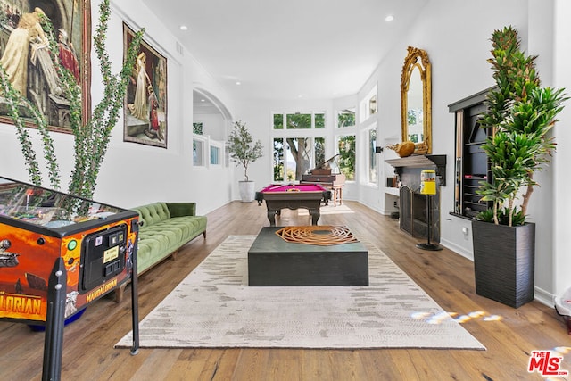 rec room with wood-type flooring and billiards