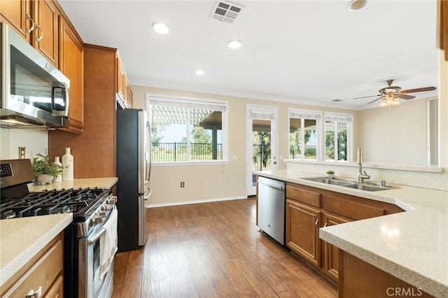 kitchen featuring ceiling fan, sink, stainless steel appliances, crown molding, and dark hardwood / wood-style flooring