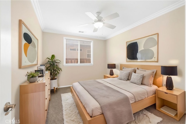 bedroom with ceiling fan, light colored carpet, and ornamental molding