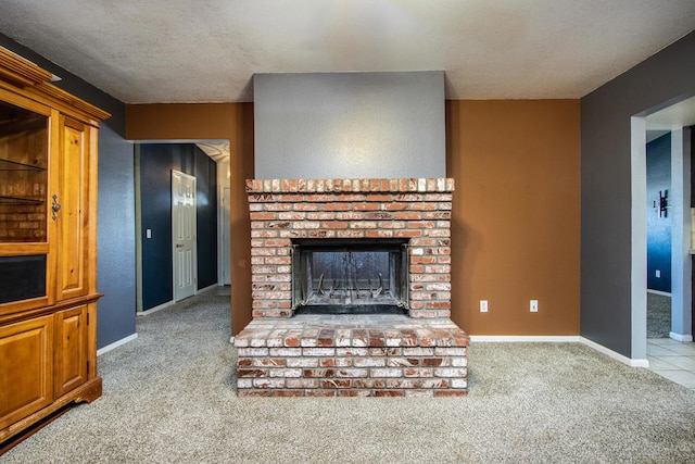 living room featuring a textured ceiling, light carpet, and a brick fireplace