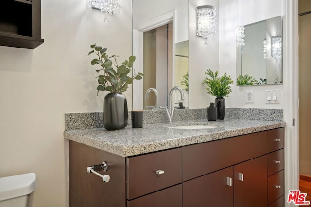 bathroom with vanity, toilet, and wood-type flooring