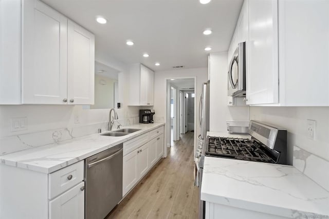 kitchen featuring stainless steel appliances, light hardwood / wood-style floors, white cabinetry, sink, and light stone counters