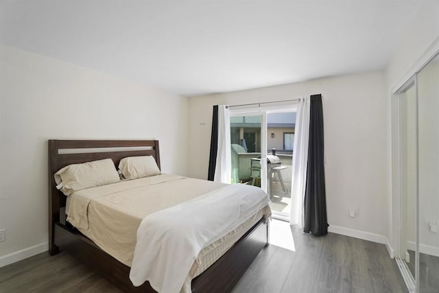 bedroom featuring hardwood / wood-style floors, a closet, and multiple windows