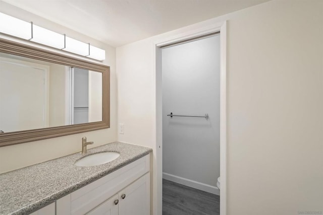 bathroom with hardwood / wood-style flooring and vanity