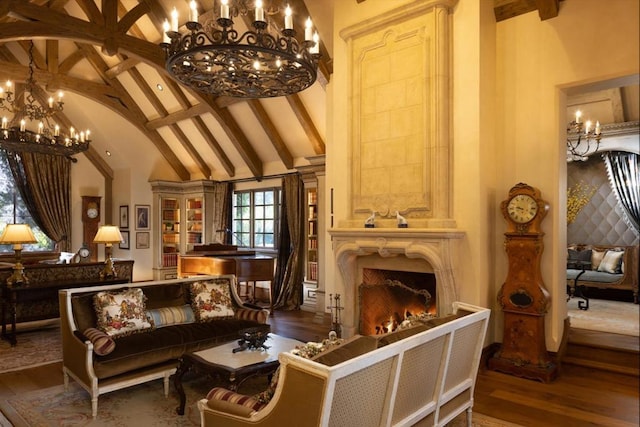 sitting room featuring an inviting chandelier, beam ceiling, hardwood / wood-style flooring, and high vaulted ceiling