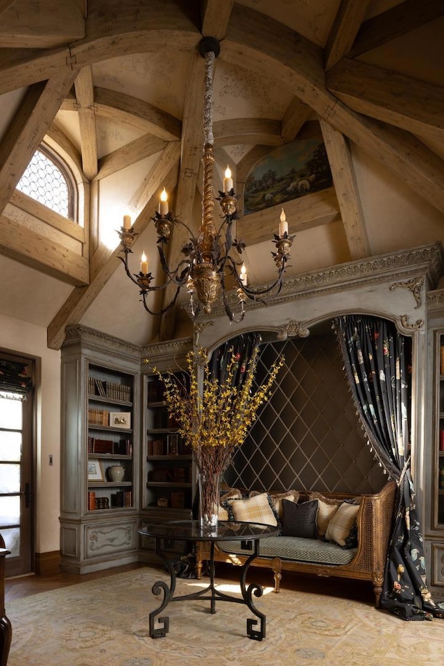 wine cellar featuring a wealth of natural light, beamed ceiling, a notable chandelier, and high vaulted ceiling