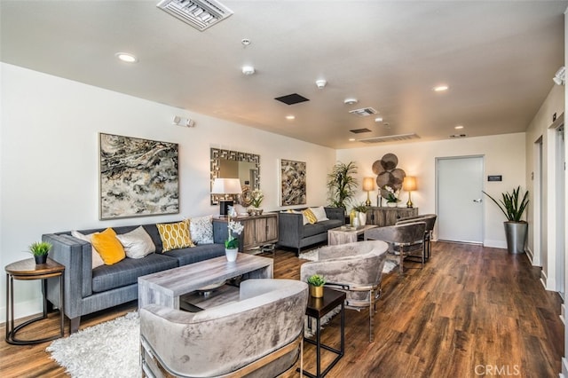 living room featuring dark wood-type flooring