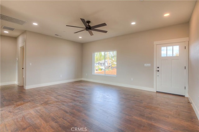 entryway featuring ceiling fan and dark hardwood / wood-style floors