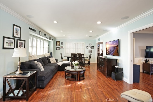 living room featuring ornamental molding and hardwood / wood-style floors