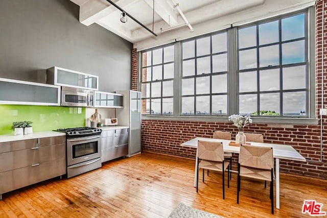 kitchen featuring light hardwood / wood-style floors, a healthy amount of sunlight, stainless steel appliances, and brick wall