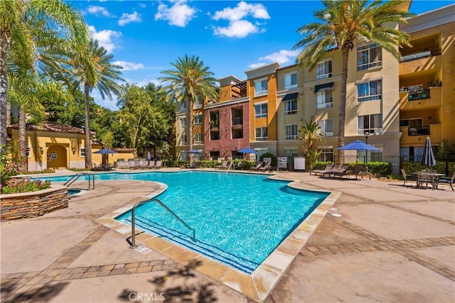 view of swimming pool with a patio