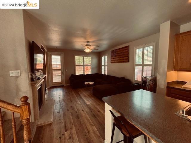 living room featuring ceiling fan, a tiled fireplace, and dark wood-type flooring