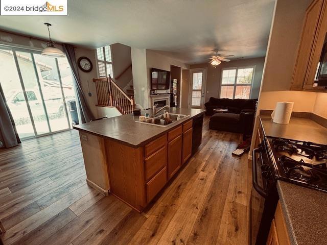 kitchen with decorative light fixtures, ceiling fan, dark hardwood / wood-style floors, black gas range, and sink