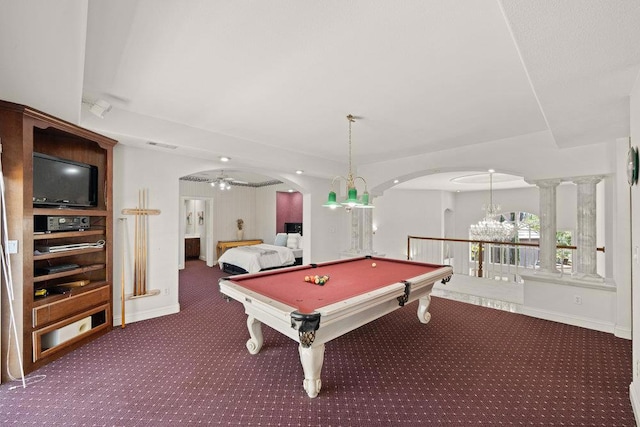 rec room with carpet floors, billiards, and ceiling fan with notable chandelier