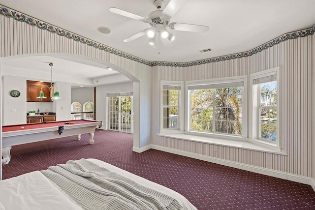 carpeted bedroom featuring ceiling fan and billiards