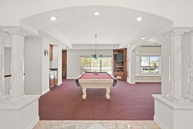 playroom with light carpet, a healthy amount of sunlight, decorative columns, and pool table