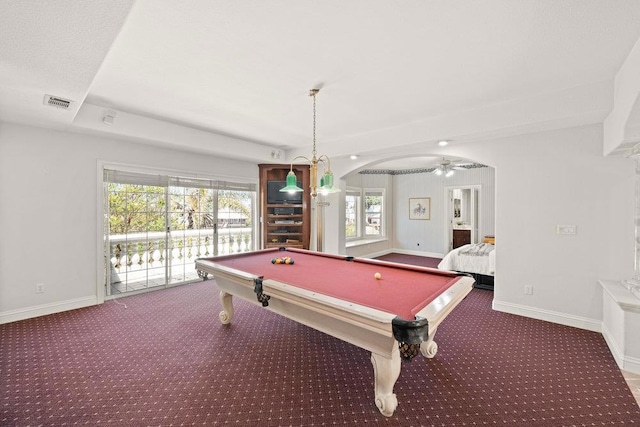 recreation room featuring dark carpet, billiards, and ceiling fan