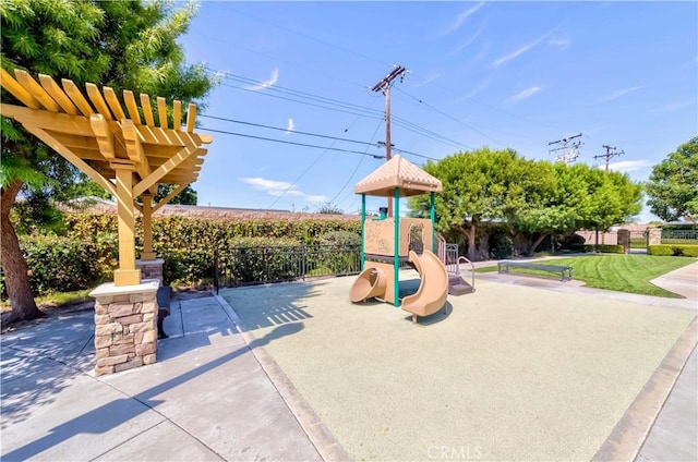 view of jungle gym with a lawn