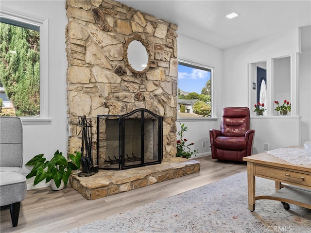 living room with light hardwood / wood-style flooring and a fireplace