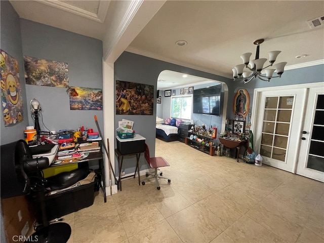 office area featuring crown molding and a chandelier