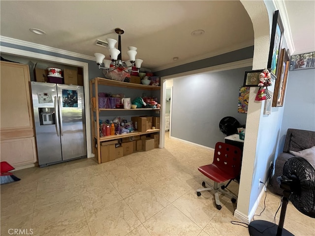 home office with a chandelier and ornamental molding