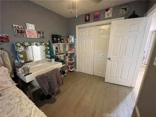 bedroom featuring hardwood / wood-style floors and a closet