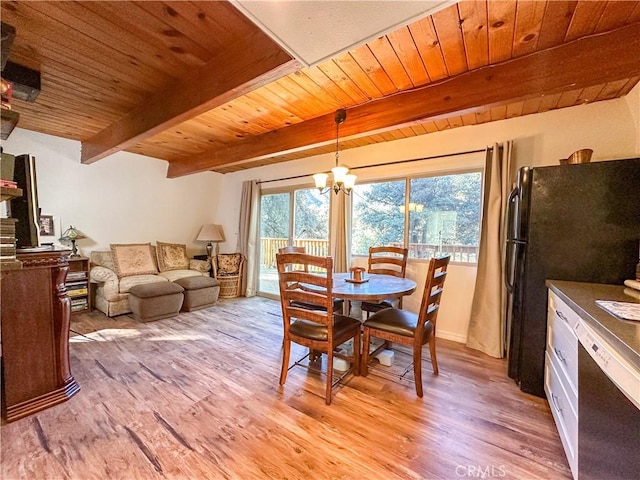 dining area with light wood-type flooring, beamed ceiling, wooden ceiling, and an inviting chandelier